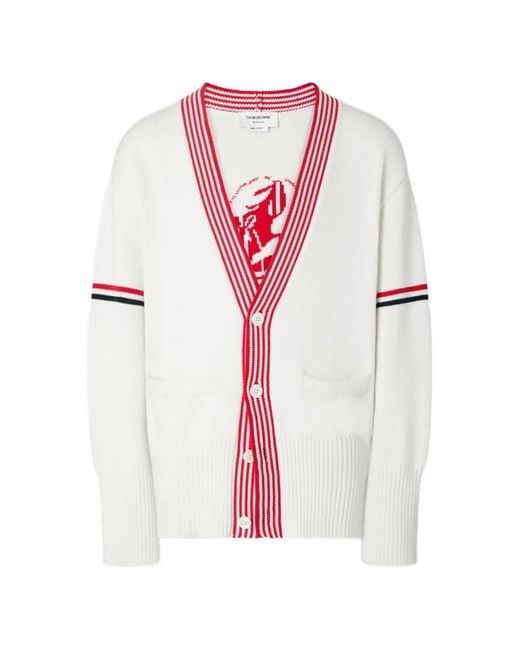 Thom Browne White Lobster-Intarsia Rwb-Stripe Cardigan for men
