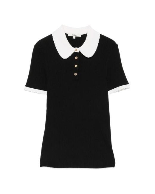 Maje Black Contrast-Collar Ribbed Polo Top