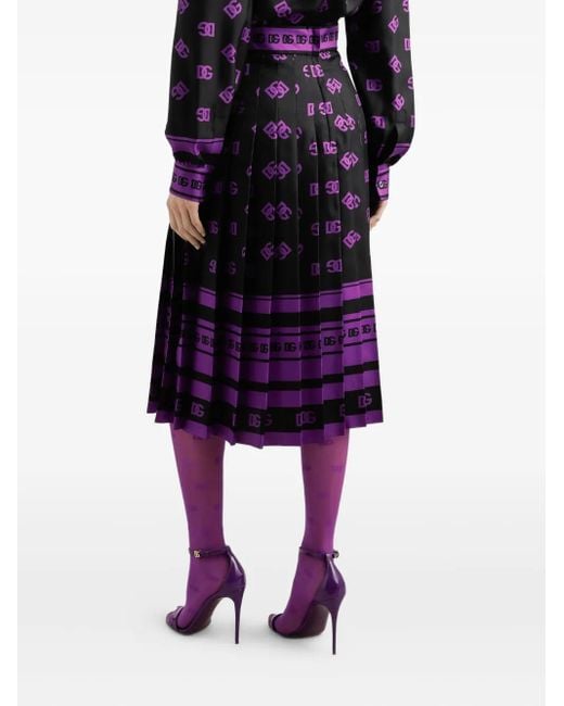 Dolce & Gabbana Purple Dg Logo- Long Pleated Silk Skirt