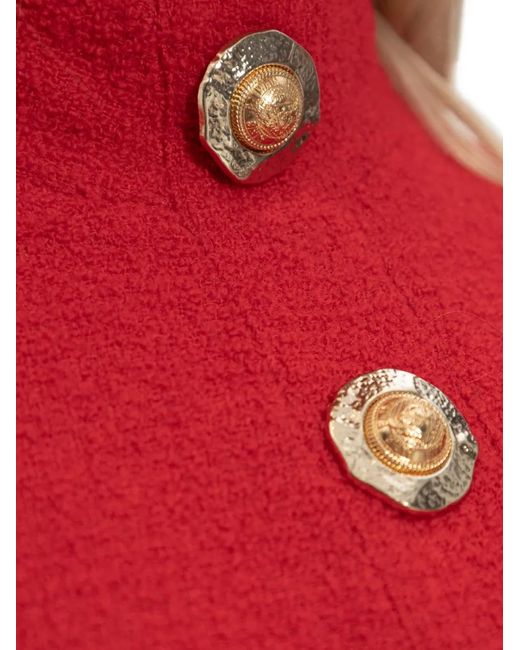 Balmain Red High-Neck Button-Detail Top