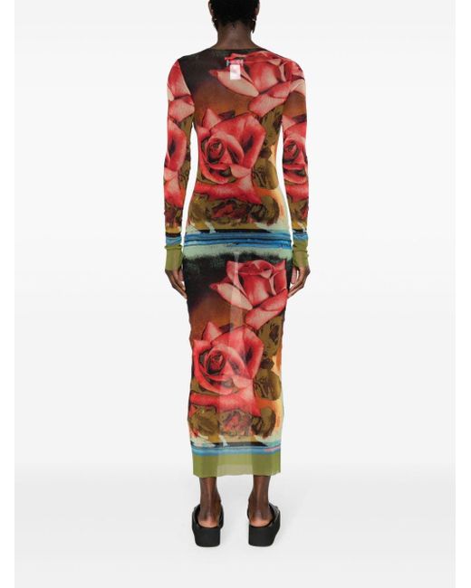 Jean Paul Gaultier Midi-jurk Met Roosprint in het Multicolor