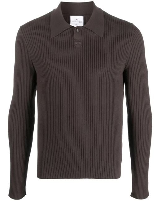 Courreges Black Logo-Patch Ribbed Polo Shirt for men