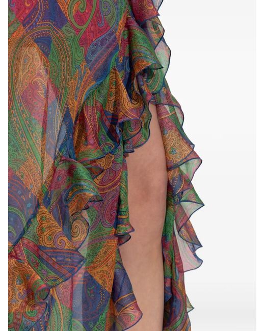 Etro Purple Silk Long Dress With Ruffles And Geometric Paisley Motif