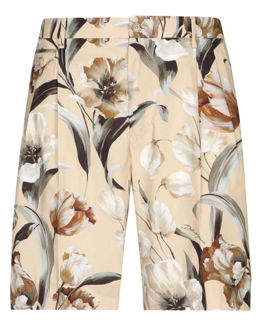 Dolce & Gabbana Natural Floral-Print Silk Bermuda Shorts for men