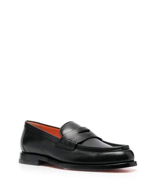 Santoni Black Flat Leather Loafers