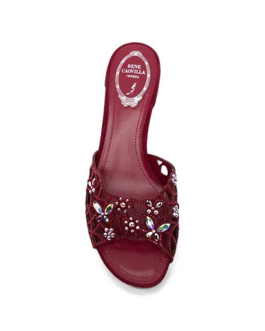 Rene Caovilla Red Eden Crystal-Embellished Mules