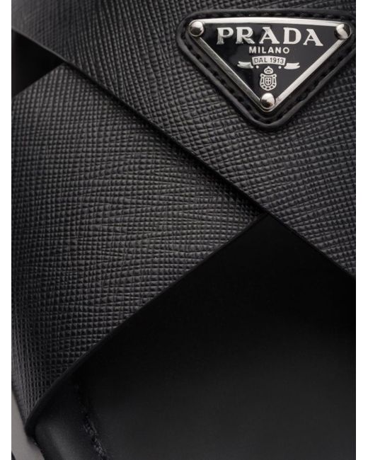 Prada Black Crisscross Logo-triangle Leather Sandals for men