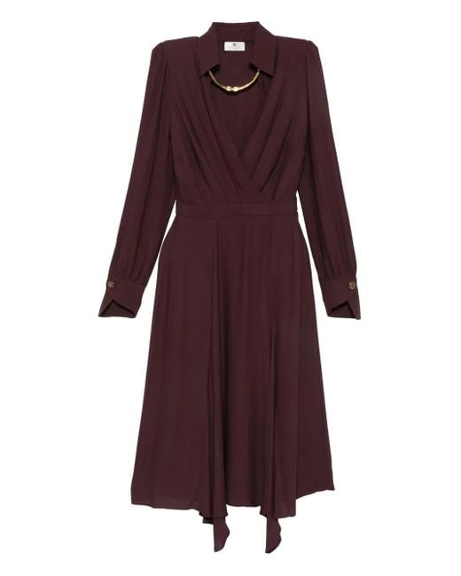 Elisabetta Franchi Purple Bordeaux Midi Dress With Deep V-Neck