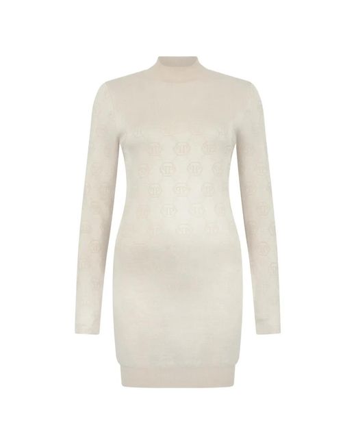 Philipp Plein White Robe Courte À Motif Monogrammé Et Manches Longues