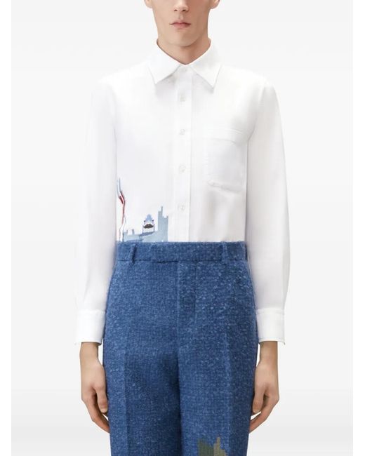 Thom Browne White 4-Bar Scenic-Intarsia Oxford Shirt for men