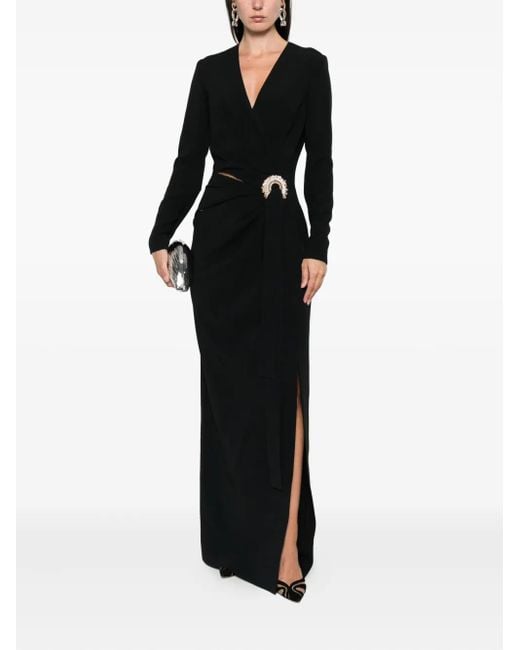 Elie Saab Black Crystal-Embellished Wrap Maxi Evening Dress