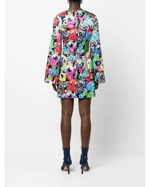 Philipp Plein Blue Graphic-Print Long-Sleeve Dress