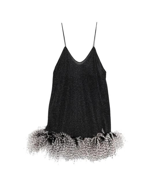 Oseree Black Feather-Trim V-Neck Mini Dress