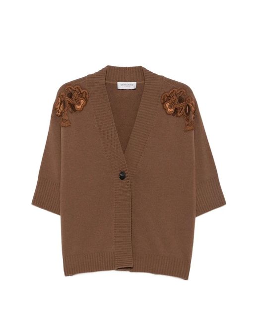 ERMANNO FIRENZE Brown Floral-Appliqué Short-Sleeve Cardigan