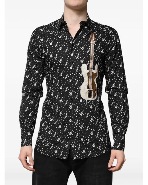 Dolce & Gabbana Black Sequin-Embellished Instrument-Print Shirt for men