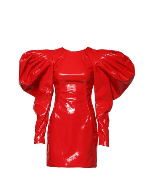 Dolce & Gabbana Red Puff-Sleeve Patent-Finish Mini Dress
