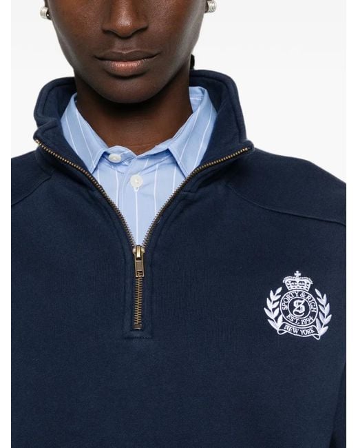 Sporty & Rich Blue Crest-Embroidered Quarter-Zip Sweatshirt