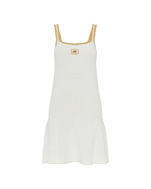 Casablanca White Crochet-Knit Logo-Patch Mini Dress