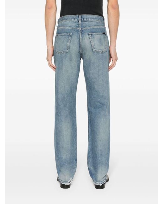 Saint Laurent Stonewashed Gerafelde Straight Jeans in het Blue voor heren