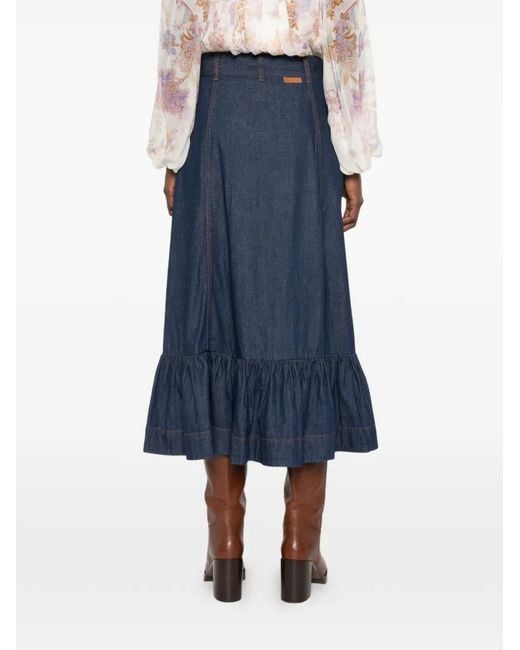 Zimmermann Blue Jupe Longue Aster En Jean À Volants