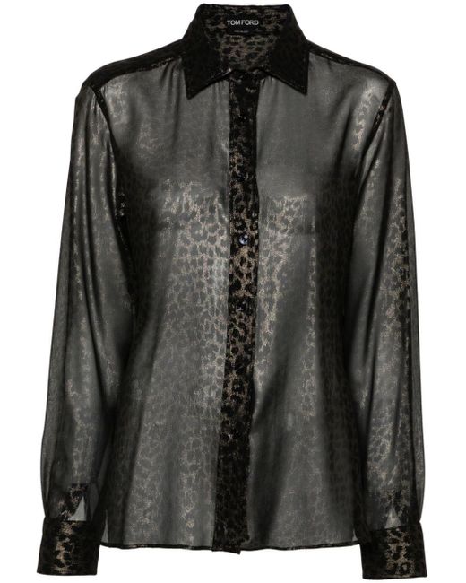 Tom Ford Black Laminated Leopard-print Silk Shirt