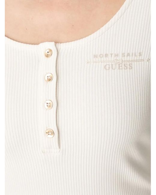 Guess White Ribbed-Knit Henley Top