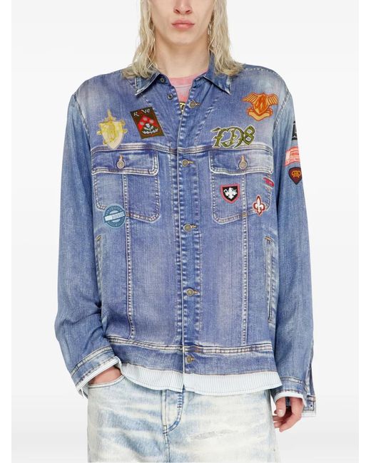 DIESEL Blue Satin Shirt With Trompe-L'Oeil Denim Print for men