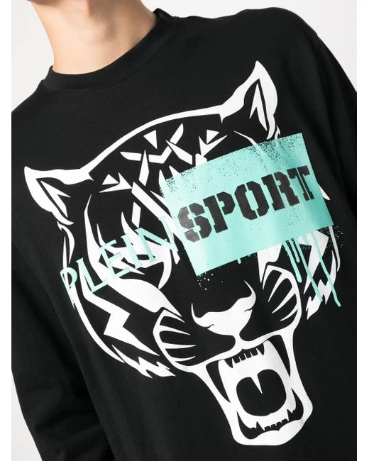 Philipp Plein Black Tiger-Motif Long-Sleeved T-Shirt for men