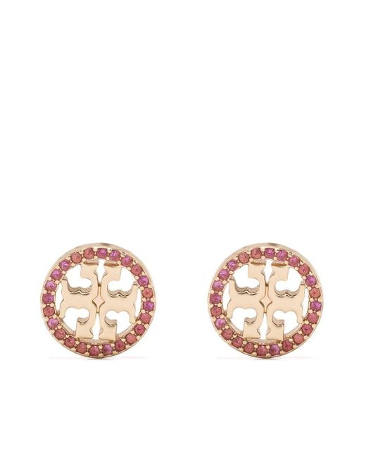 Tory Burch Crystal Logo Circle-stud Earring in Pink | Lyst UK