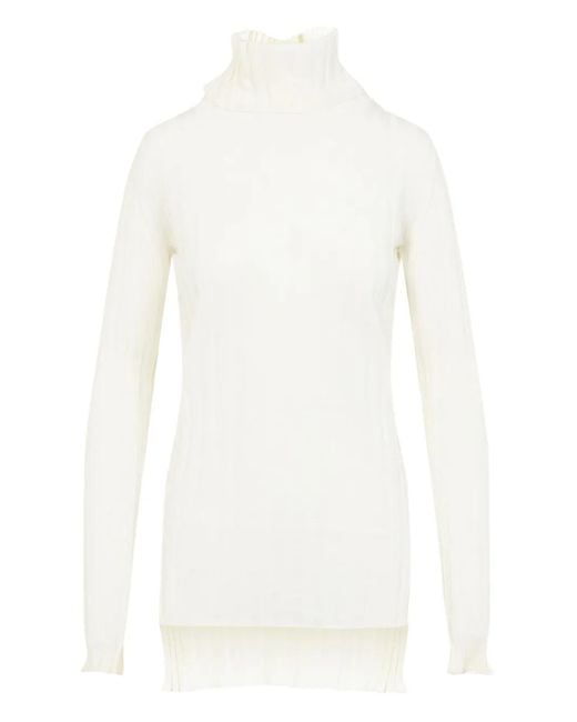 Carven White Geripptes Rollkragenkleid