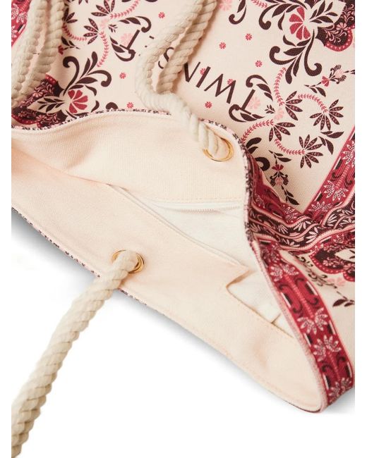 Twinset Red Floral-Print Rope-Detail Tote Bag