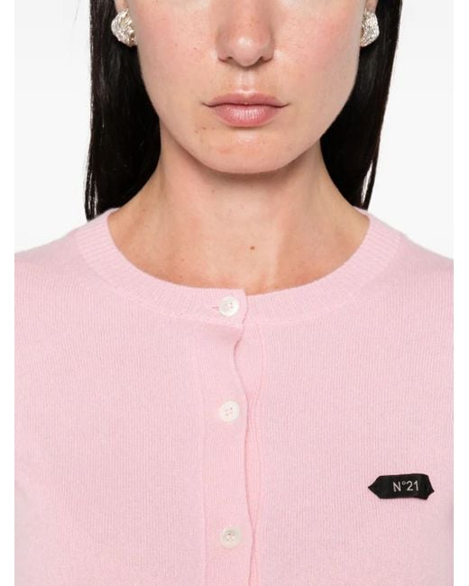 N°21 Pink Button-Fastening Logo-Patch Cardigan