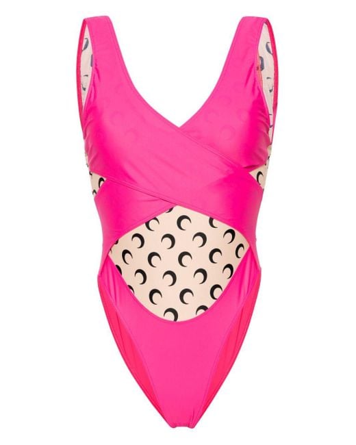 MARINE SERRE Pink Regenerated V-neck Swimsuit