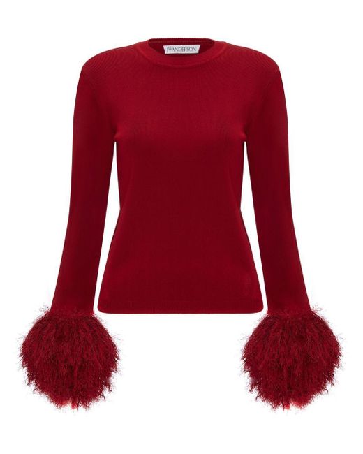 J.W. Anderson Red Feather-trim Long-sleeve Top