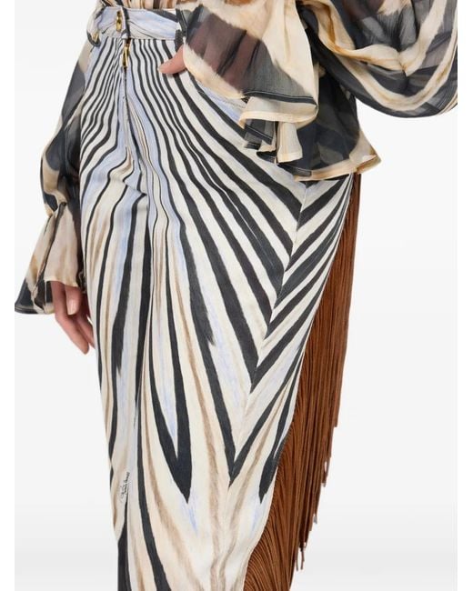 Roberto Cavalli White Fringe-Trim Zebra-Print Trousers