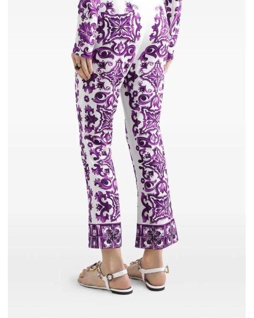 Dolce & Gabbana Majolica Print Silk Trousers Purple
