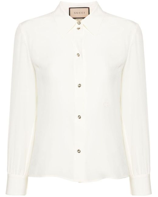 Gucci White Logo-embroidered Silk Shirt