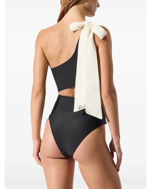Karl Lagerfeld Black Bow-Detail One-Shoulder Swimsuit