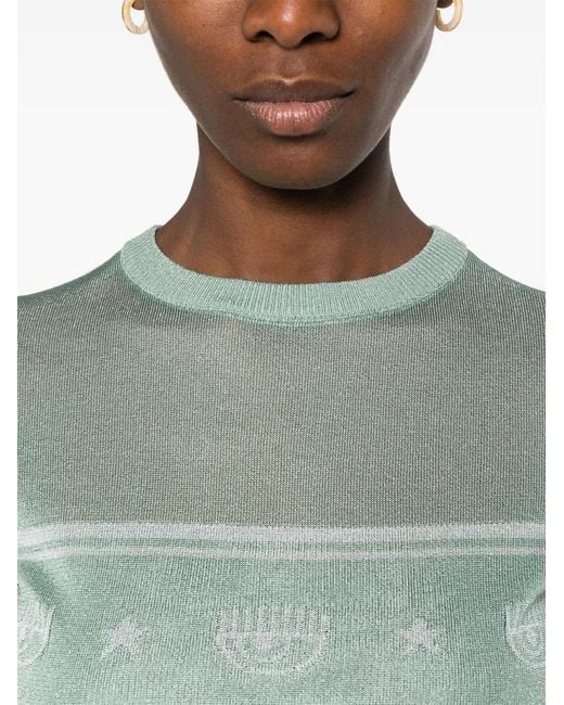 Chiara Ferragni Green Eyelike-Motif Metallic Cropped Jumper