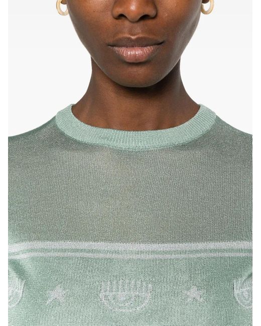 Chiara Ferragni Green Eyelike-Motif Metallic Cropped Jumper