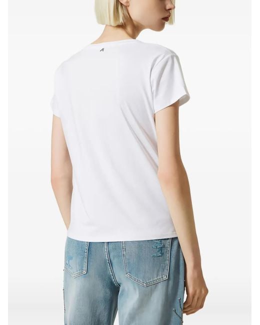 Twinset White Floral-Embroidered V-Neck T-Shirt