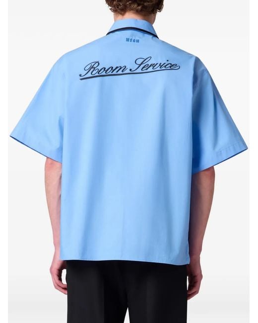 MSGM Blue Piping-Detail Embroidered-Logo Shirt for men