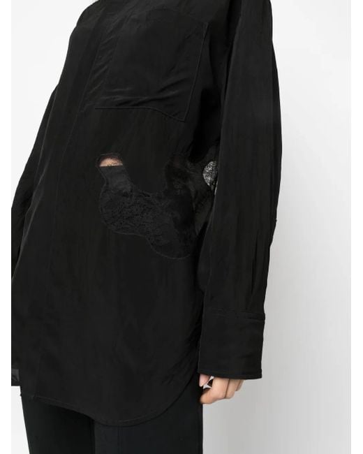 Gauchère Black Floral Lace-Appliqué Satin-Finish Shirt