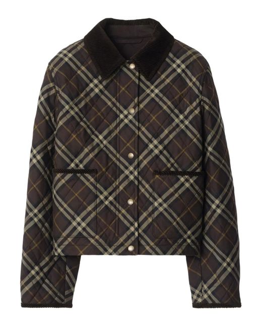 Burberry Black Cropped Quilted Nylon Jacket With Check Pattern