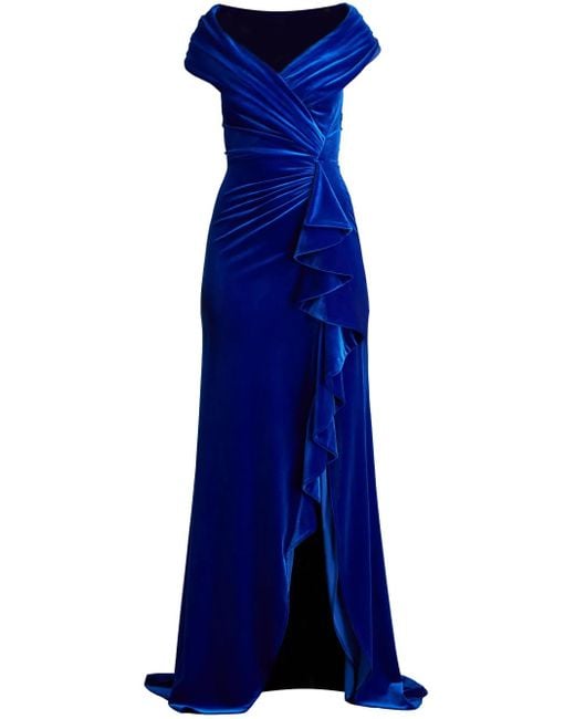 Tadashi Shoji Blue Alvarez Velvet Waterfall Drape Gown