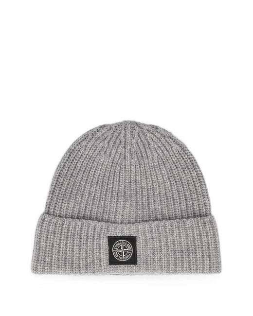 Stone Island Gray Logo-Patch Ribbed-Knit Beanie Hat for men