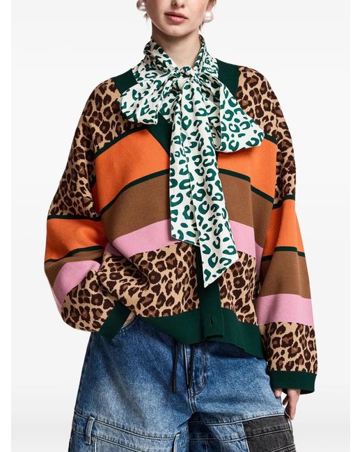 Essentiel Antwerp Brown Leopard-Pattern Print Colour-Block Cardigan
