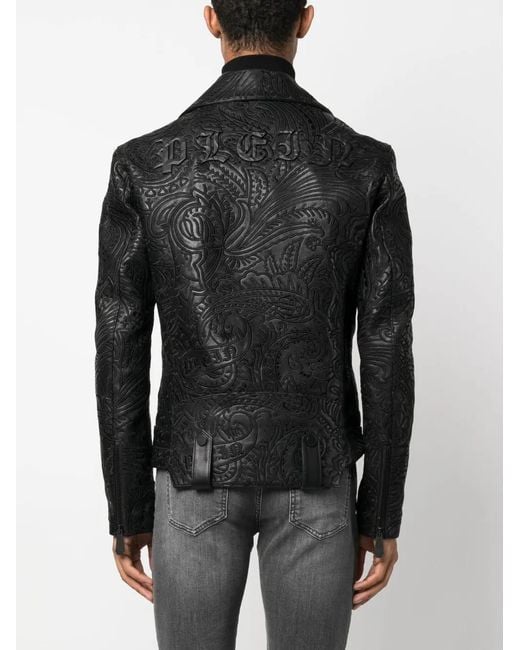 Philipp Plein Black Paisley-Print Leather Biker Jacket for men