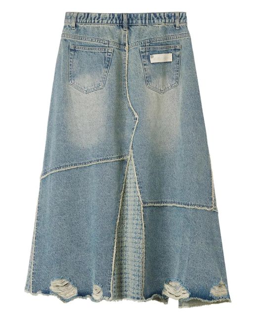 Musium Div. Blue Patchwork-Effect Frayed Denim Skirt