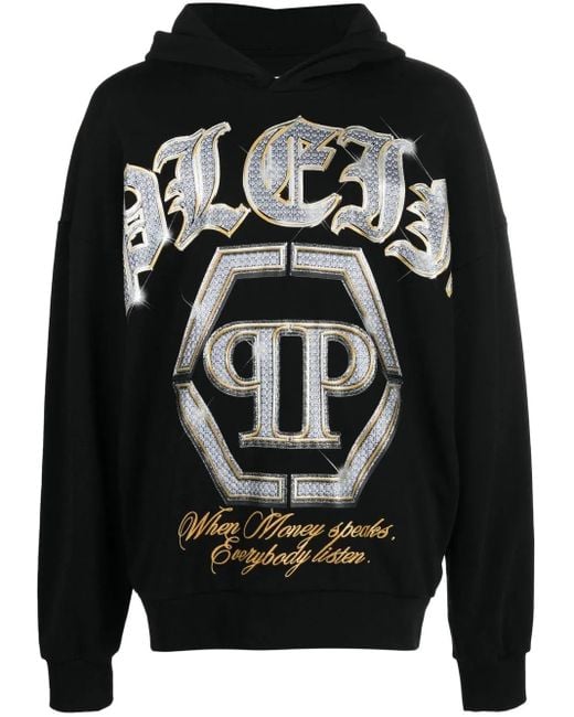 Philipp Plein Black Logo-Print Cotton Hoodie for men